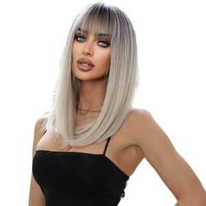 Perruque pour femme, best-seller en gros, <span class=keywords><strong>cheveux</strong></span> raides, <span class=keywords><strong>frange</strong></span> droite, dégradé gris-blanc, <span class=keywords><strong>mi</strong></span>-longue, tendance, personnalité - Product Image 1
