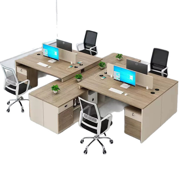 4 Person Shape Office Workstation Desk With Partition Modern Modular Staff Computer Desk With Side Storage Cabinet for Office