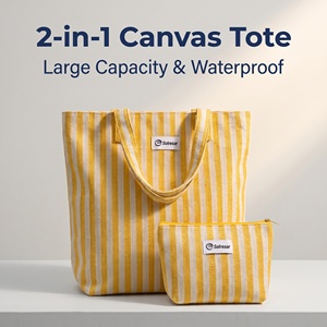 Wholesale High Quality Yarn Dyed Striped <b>Canvas</b> <b>Tote</b> Bag With Label Logo Waterproof Shopping Handbag With Small Zipper Pouch - Product Image 6