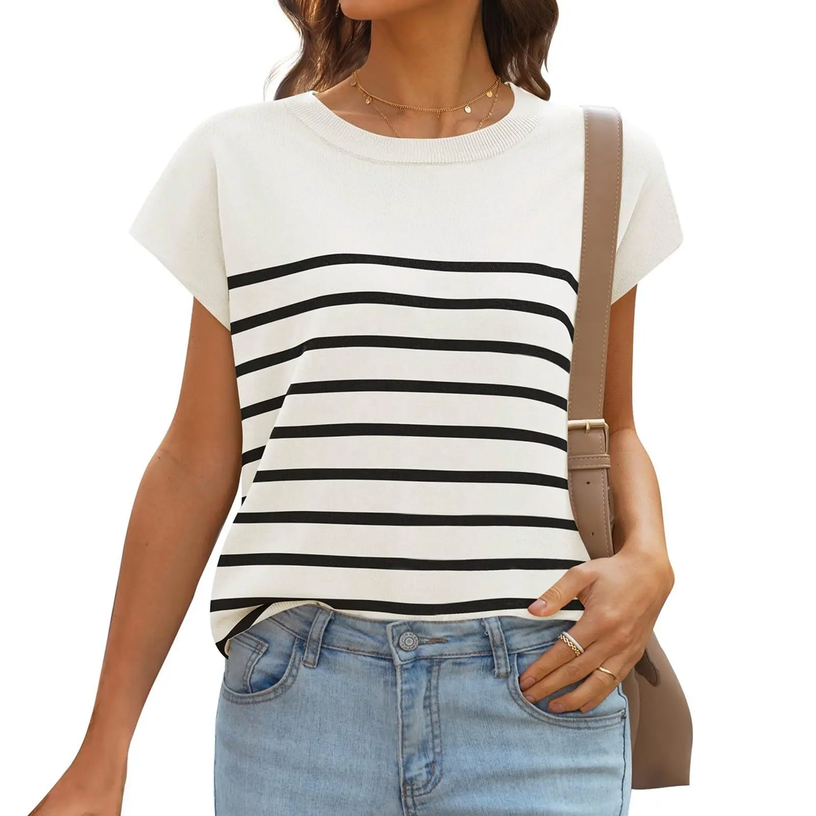 Women's Stripes Dolman Sleeve Tops 2024 Summer T shirts Crew neck Vest Loose Fit Casual Breathable Knitted Tops