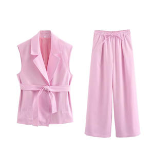 Temperamento Casual con cinturón Chaleco suelto Pantalones de pierna ancha de cintura alta Conjunto de dos piezas <span class=keywords><strong>Ramin</strong></span> de algodón y lino para mujer Moda - Product Image 2