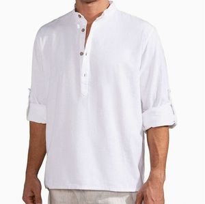 Camisa de Lino Blanca con Cuello Mandarín para Hombre, Estilo Casual, Transpirable, de Color Sólido, Manga Corta, con Botones - Product Image 2