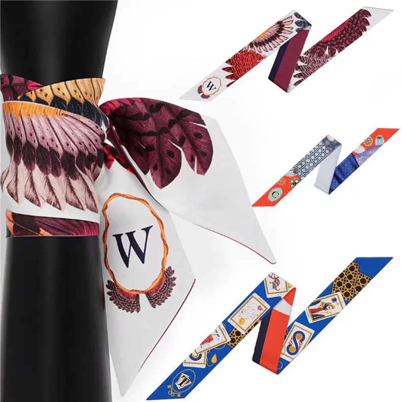 Fashion Oem Multi-functional Custom Logo Long Narrow Ribbon 100*4cm Silk Women s Headscarf