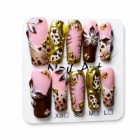 TSZS 10 pièces Faux ongles à presser longs imprimé léopard faits main, de luxe, avec fleurs 3D marron et perles dorées décorées, réutilisables