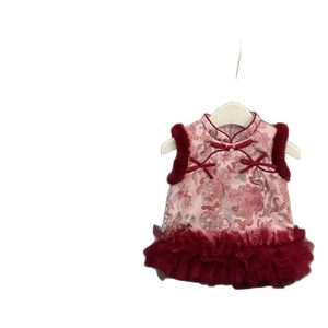 Tongxingyuan Girls Traditional Chinese Cheongsam Dress Pink With Red Trim First Birthday New Year Outfit - Product Image 5
