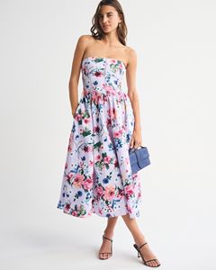 Vestido Midi LE DUO sin Tirantes con Estampado Floral, Elegante Vestido con Bolsillos en Línea A para Mujer, para Fiestas y Uso Casual - Product Image 1