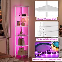 Étagère d'angle rustique antique avec éclairage LED, organisateur sur pied, bibliothèque étroite blanche, étagère de rangement murale d'angle