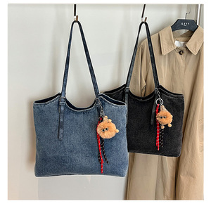 Denim <b>Shoulder</b> Bag With Pom Pom Tassel Decor Open Top Single <b>Strap</b> Women's Daily Use All Seasons Minimalist Style - Product Image 1
