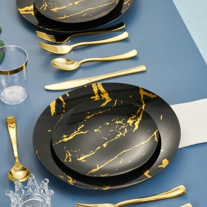 Plastic Dinnerware Set Plastic Modern Marble Pattern Luxury Wedding Party Plastic Gold Plate Flatware Cutlery Dinnerware Set