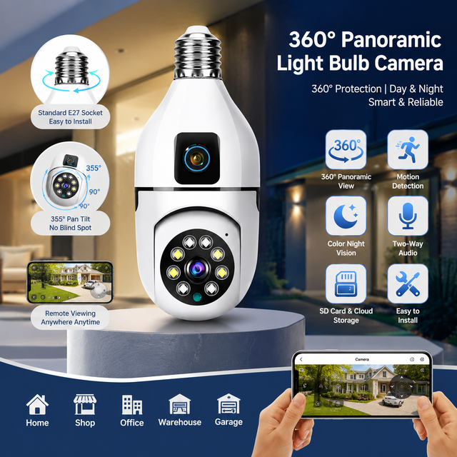 V380 Pro Dual Lens Home CCTV Security Camera E27 Light Bulb & WiFi Lamp PTZ with Memory Card Data Storage Option