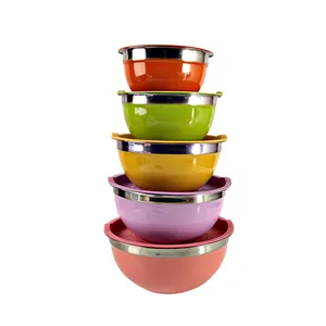 5 cái nhà máy chất lượng cao Outlet sang trọng thép không gỉ rửa lưu vực màu sắc thiết kế salad Bowl Set với bìa