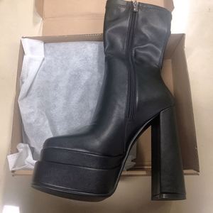 Bottes pour femmes de style occidental avec fermeture éclair latérale, semelle épaisse, hiver, automne, luxe, cuir noir, plateforme épaisse - Product Image 6