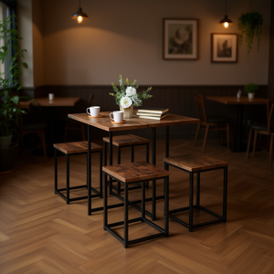 Juego de Comedor Compacto de 5 Piezas con Estructura Metálica en Acabado Nogal y 4 Taburetes para Restaurantes - Product Image 2