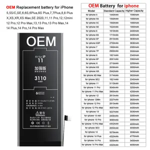 Bateria recarregável para celular celular 14 6s 6 se max xr pro 8 mini 13 xs plus 12 7 x 11 bateria de íon de lítio OEM para iphone