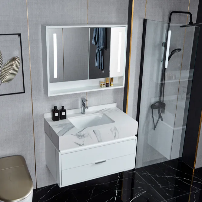 Modern Wood Single Sink Medicine Bathroom Cabinet Vanities with Mirror