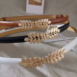 Ceinture légère en cuir de vachette pour femme avec boucle en alliage en forme de feuille, fine, pour tenues décontractées et robes - Product Image 3