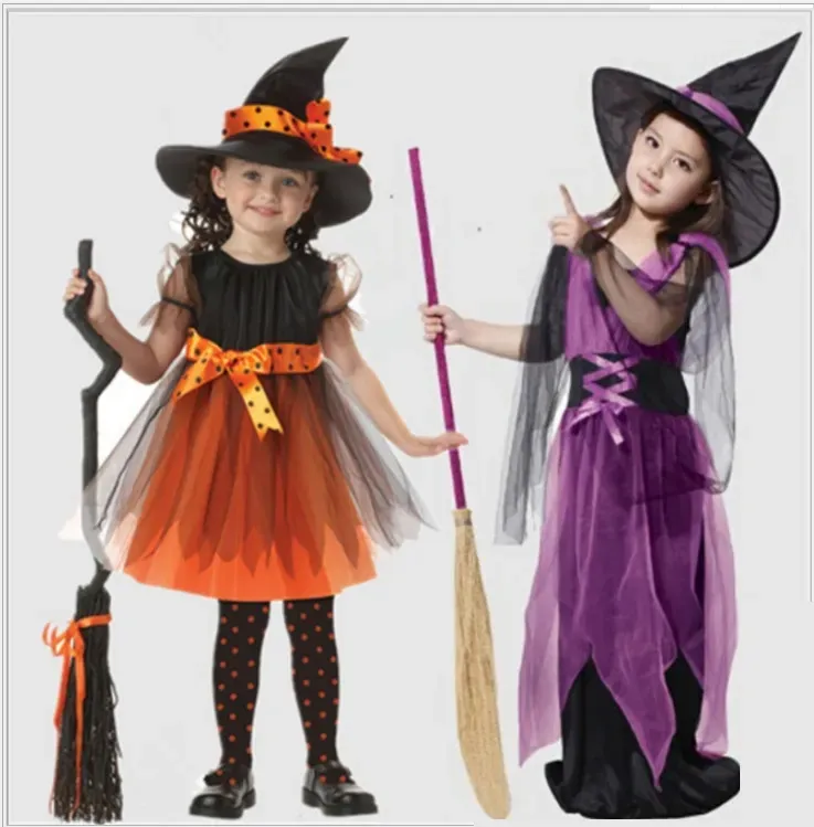 Halloween fantasía bruja infantil con sombrero escoba Cosplay Navidad niños niña niños disfraz niñas sombreros ropa