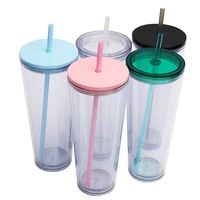 Gobelet en plastique transparent à double paroi avec logo personnalisé et couvercle pour paille, idéal pour les événements festifs