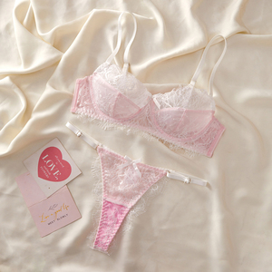 Ensemble de <span class=keywords><strong>soutien</strong></span>-<span class=keywords><strong>gorge</strong></span> en dentelle florale rose et blanche, maille transparente, bretelles réglables, nœud décoratif, lingerie sexy pour femmes, douce et respirante - Product Image 2