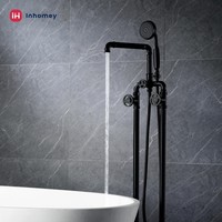 Robinet de baignoire contemporain à 2 fonctions, noir mat, en laiton, sur pied, avec 3 poignées, cartouche céramique, garantie 5 ans
