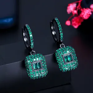 Full Black Gun Gold Plated Green Square CZ Dangling Drop Round Huggie Hoop Earrings for Women New Trendy Party Jewelry