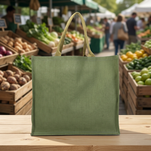 Bolsa de Yute Grande a Rayas Verde Oliva con Asa de Cuerda para Compras, Procedente de la India - Product Image 6