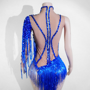 Combinaison sexy bleu royal à franges de paillettes, une manche asymétrique, pour danse de salon, pole dance, burlesque, <span class=keywords><strong>costume</strong></span> de drag queen professionnel - Product Image 2