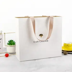 Custom Logo Print Cheap Luxury Small White Black Fashion Shopping Retail Gift Paper Bags With Ribbon Handle