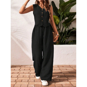 Women's Green <b>Linen</b> Jumpsuit Sleeveless V-Neck Button Front Wide Leg Casual Summer <b>Set</b> For Europe America Southeast Asia - Product Image 2