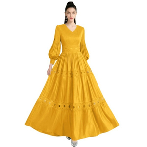 9930 #   Elegante Abito Lungo da Donna con Scollo a V, Tinta Unita, Maniche Lunghe Plissettate e Decorazioni in Pizzo Traforato <span class=keywords><strong>per</strong></span> Primavera, Estate e Autunno - Product Image 2