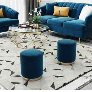 Groothandel Woonkamer Metalen Basis Ottomaanse Voetenbank Moderne Blauwe Fluwelen Getufte Ronde Poef Ottomaanse Kruk - Product Image 1