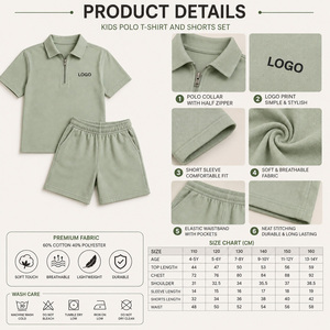 Ensemble <span class=keywords><strong>polo</strong></span> court à demi-zip pour enfants avec logo personnalisé, en molleton bouclette, tenue d'été 2 pièces pour garçons, vêtements pour enfants OEM/ODM, vente en gros - Product Image 4