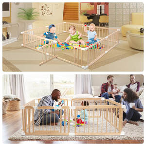 حظيرة لعب للأطفال من الخشب الطبيعي قابلة للطي مع لوحة تعليمية - Product Image 4