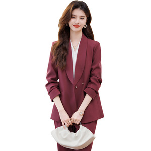 Women's Burgundy Suit <b>Set</b> Solid Color Anti-Wrinkle Casual <b>Office</b> Wear - Product Image 5