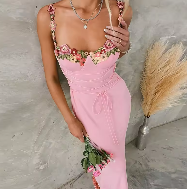 Shop Women's Pink Sling Dress with Applique Flower Design
