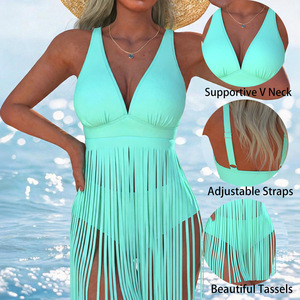 Solid Color Deep V Tassel One Piece Swimsuit With Adjustable Straps And Supportive Neck For <b>Women</b> Beach Wear - Product Image 1