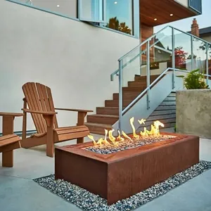 Outdoor Patio Heating Rectangular Corten Steel Gas Fire Pit Table