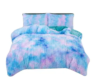 Оптовая продажа, теплый зимний комплект синих постельных принадлежностей с длинными волосами, роскошный плюшевый пододеяльник, наволочка, одеяло, фланелевая простыня