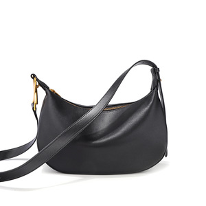 Sac bandoulière demi-lune en cuir véritable personnalisé avec logo pour femme, fermeture éclair classique, couleur unie, style simple, pour le quotidien et les voyages - Product Image 4