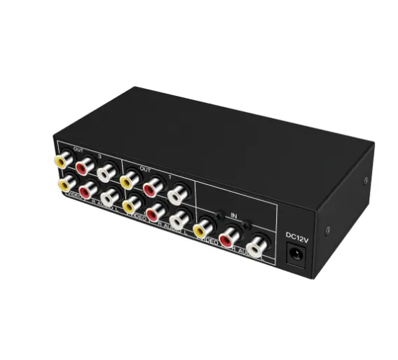 Splitter AV 4-Port Komposit RCA AV Splitter 1X4 CVBS Distributor Pembagi Video Audio untuk TV DVD Player dengan Adaptor Daya