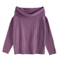 Pull personnalisé pour femme, tricoté à l'ordinateur, automne 2026, vintage, grande taille, style décontracté, col large, épaules dénudées, violet, côtelé, ample