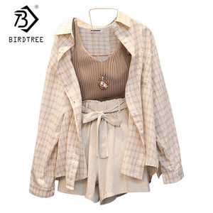 Bộ ba mảnh vải lanh nữ tính, áo kẻ caro + quần short lưng thun + áo sơ mi cài khuy đơn kèm thắt lưng, size lớn S-4XL S9N301B - Product Image 1