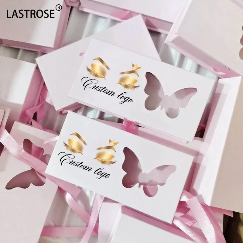 Caja de pestañas de mariposa con pestañas de visón falso caja de embalaje de pestañas rosa con cinta de seda