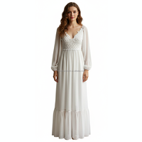 Robe longue en dentelle personnalisée pour femme, en mousseline, manches lanternes, élégante, col en V, broderie blanche, style bohème, fabrication OEM
