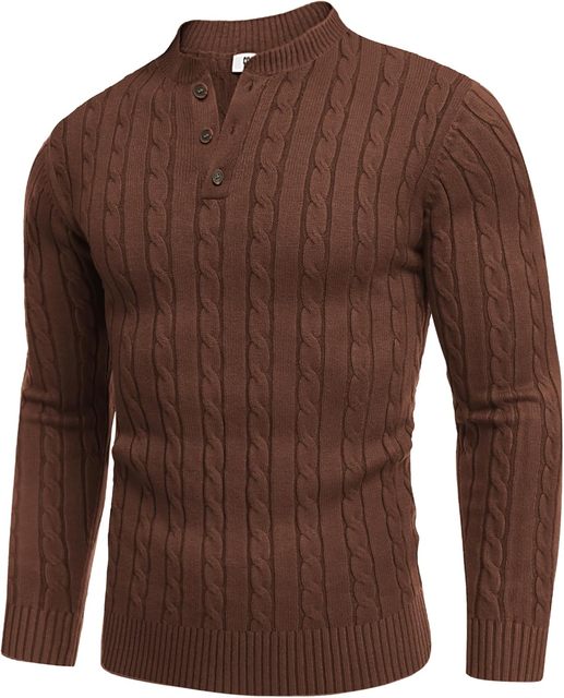 Men Casual Knit Sweater Quarter Button Henley Long Sleeve Slim Fit Twisted Pullover Sweater