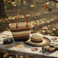 Conjunto de Sombrero de Paja Panamá de Ala Ancha para Mujer y Bolso de Playa de Gran Capacidad para el Verano