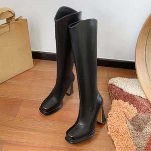 Bottes longues en cuir de haute qualité, chaussures tendance pour femmes, chaussures à bout pointu, chaussures à talons épais, chaussures décontractées d'extérieur - Product Image 2