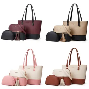 China Custom Tote Handtasche Kontrast farbe Günstige Taschen In 3 Stück Damen Mode Quaste Dekoration Tasche Sets 3 Stück Handtaschen