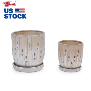 Ensemble de 2 pots de fleurs ronds en céramique Mdj, couleur beige, avec trou de drainage, pour une utilisation en intérieur, en extérieur, à la maison ou au jardin - Product Image 1