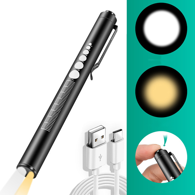 Custom Rechargeable White Yellow Double Led Medical Torch Pen Light Pupil Gauge Pocket Penlight for Doctor Nursing Dental